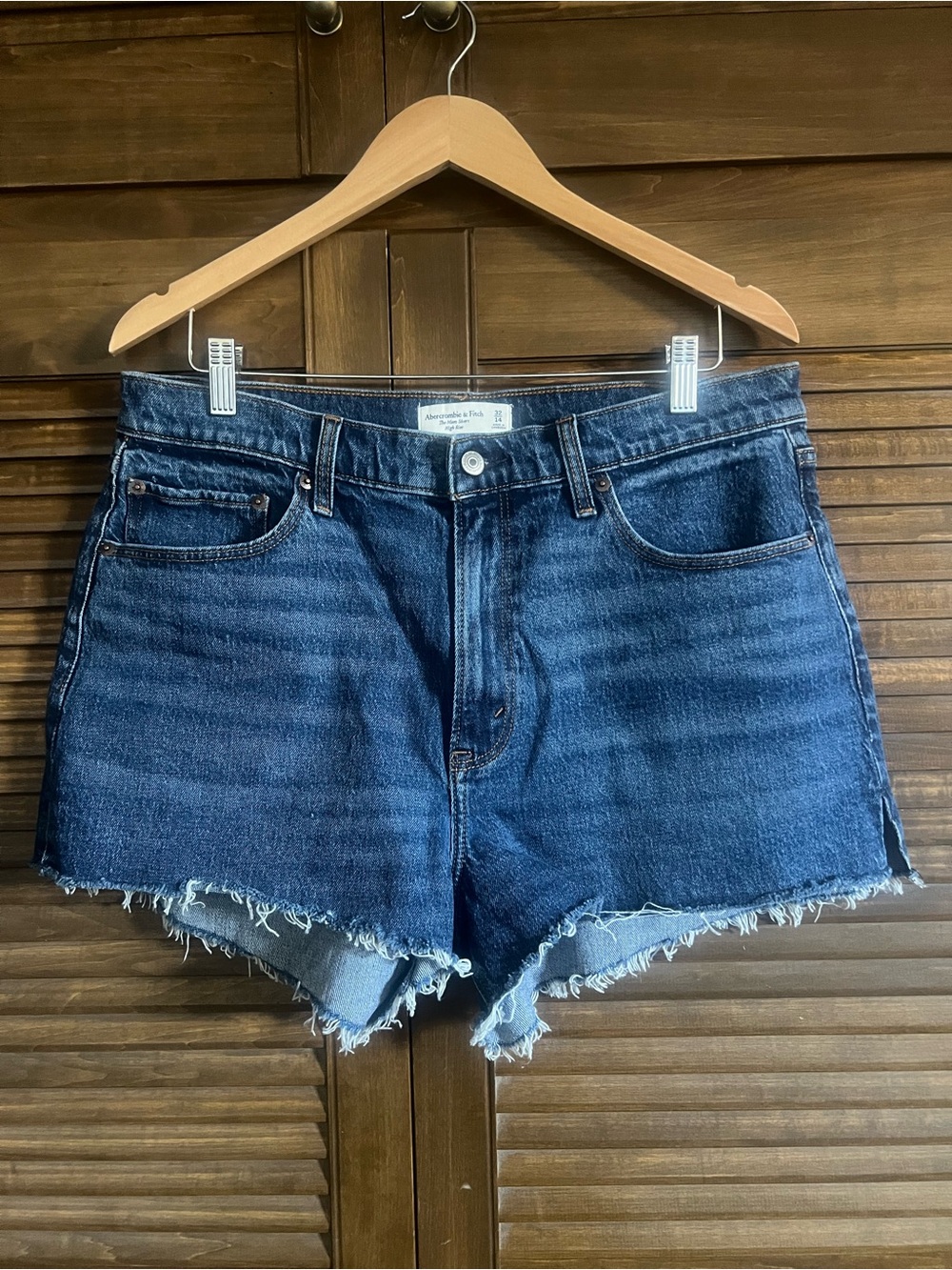 Abercrombie & Fitch Dark Blue Curve Love High-Rise Frayed Denim Shorts